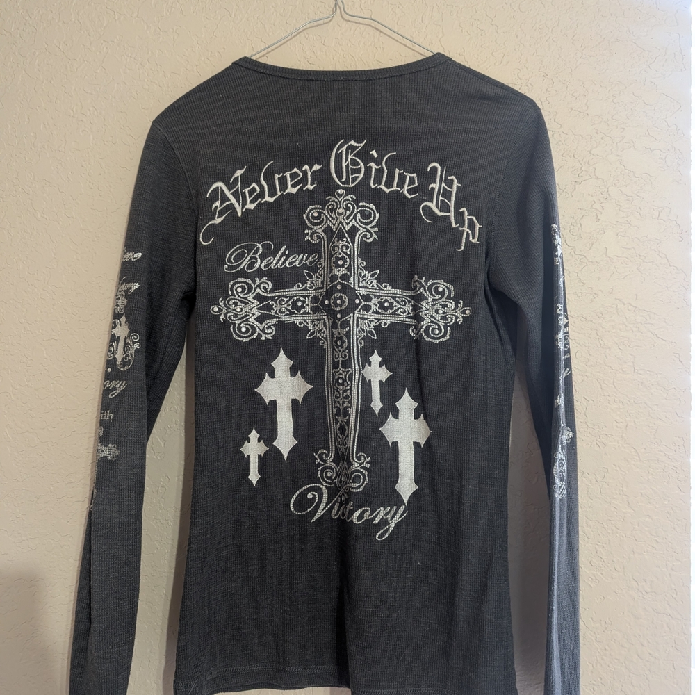Cowgirl Tuff Gray Henley with White Details - Picture 2 of 3